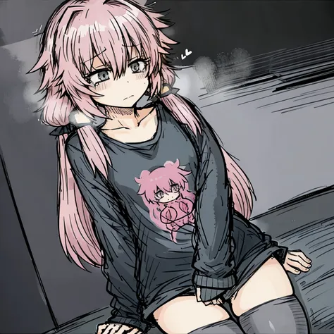 (1boy), pink hair, low twintails, messy hair, hair between eyes, grey eyes, bangs, grey oversized tshirt, long sleeves, thighhig...