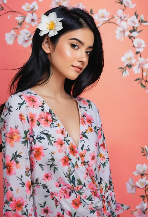 natural girl with black hair and right side pose, flowery background.