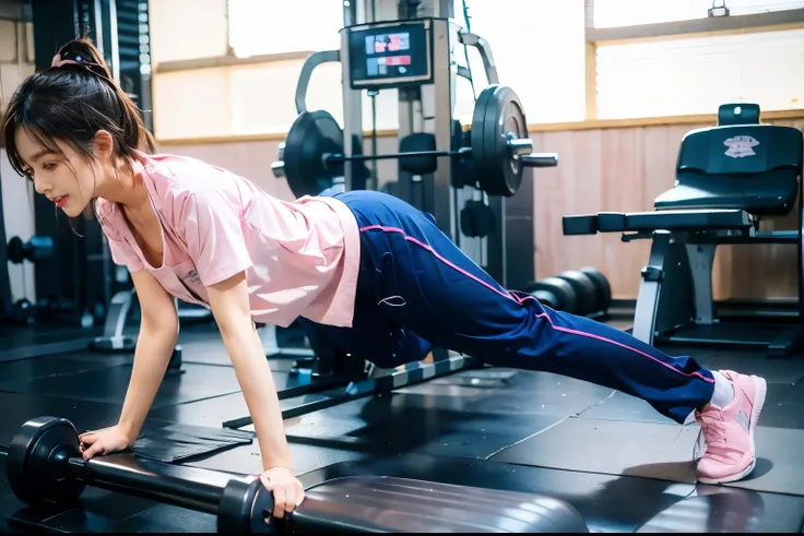 (1girl execise in fitness gym:1.4),field of view,full body,looking at distance,18yo, ((Correct anatomy:1.37)),(short hair:1.1), sidelocks, (swept bangs:1.1),(pink peformth:1.4),focus detailed clothes, (upper body wearing peformth pink shirt,shirt sleeves,c...