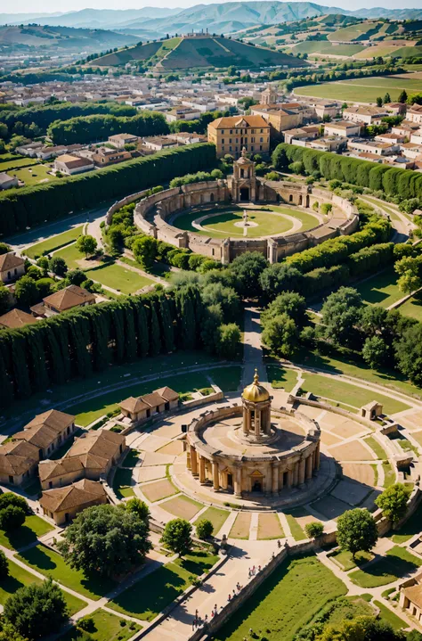 Image: A sweeping aerial shot of the ancient city of Pella, Macedonia, bathed in golden sunlight, with the royal palace standing prominently amidst lush gardens and bustling markets.