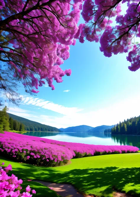 nice forest, with beautiful flowers, and the lake in the background, looks like god&#39;s paradise