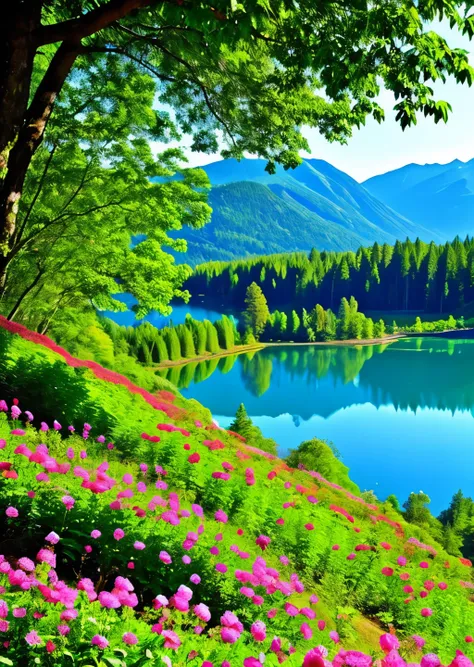 nice forest, with beautiful flowers, and the lake in the background, looks like god&#39;s paradise