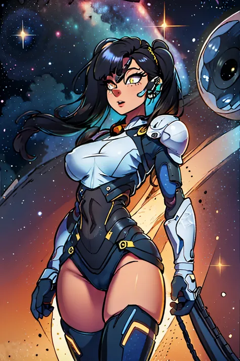 (masterpiece:1.2, best quality), beautiful, a 23yo woman, cyborg, space armour, revealing, black hair, twintails, glowing yellow eyes, extremely detailed face, beautiful detailed eyes, (perfect anatomy), nice thighs, cameltoe, underboob, textured skin, fly...