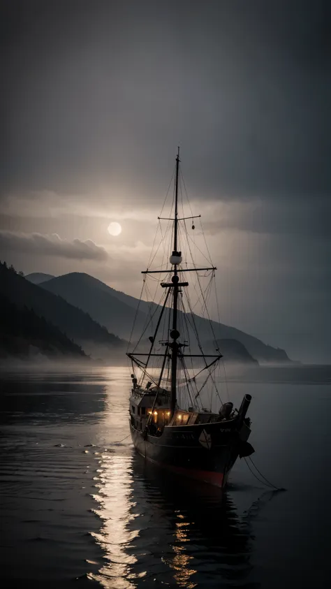 4K UHD image, a photo of a lone ship, it is sailing on a serene water, at night, dark, the ship has warm lamps still on, foggy surroundings, best quality, vivid color, (high contrast), highly detailed, masterpiece