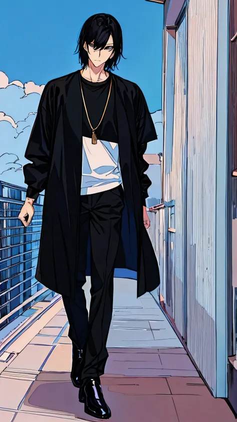 masterpiece, highest quality, male, one person, whole body, beautiful face, anime, to the toes, black hair, sharp eyes, tall, Handsome guy, blackＹshirt, cool, long pants, leather shoes, beautiful face, clear face