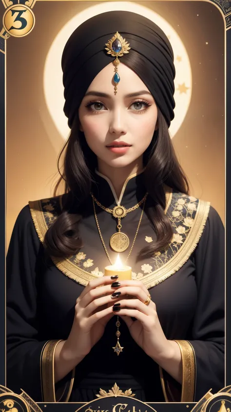 female oracle,beautiful detailed eyes,beautiful detailed lips,extremely detailed eyes and face,long eyelashes,mysterious,wise,spiritual,ancient,seer,prophecy,magic,fortune telling,golden jewelry,turban,hands holding tarot cards,golden embroidery on clothes...