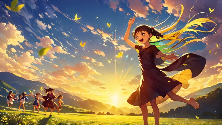 A group of joyful children, barefoot and carefree, race through a quaint hills nestled amidst rolling hills. Their laughter echoes through the serene landscape as they chase after colorful butterflies, their innocent spirits illuminated by the golden glow ...