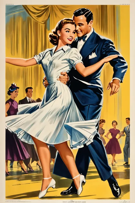 gene kelly is dancing with a knee length wearing a girl in 1950s style. image should look like a vintage movie poster