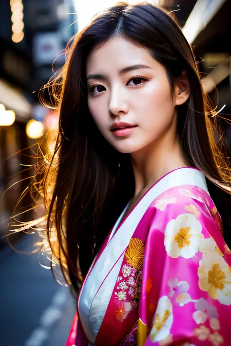 Beautiful Japanese supermodel woman, A lock of hair with slight highlights, black eyes, Sexy，street background，Gorgeous kimono , Liquid color flows across her face, Shooting against the light，Perfect facial lighting，mixed media