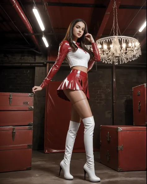 a teen in (a red latex skirt :1.2) white panties longs legs, alluring lace stockings, alluring black leather boots, posing in fr...