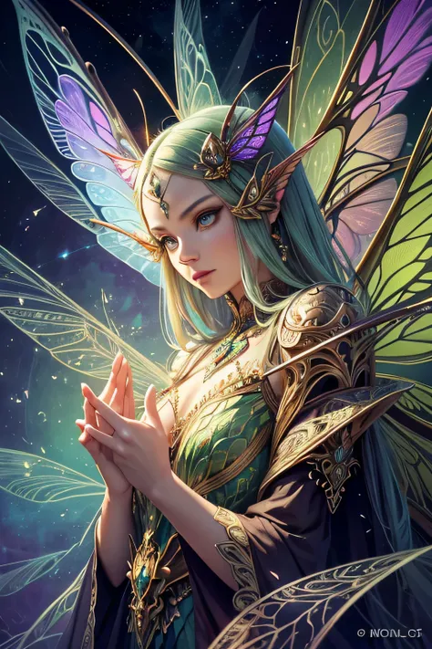 anthropomorphic moth and praying mantis hybrid, vivid colors, highres, detailed eyes, detailed wings, intricate patterns, surreal atmosphere, fantasy creature, insect anatomy, delicate antennae, graceful poses, dreamlike landscape, soft lighting, magical r...