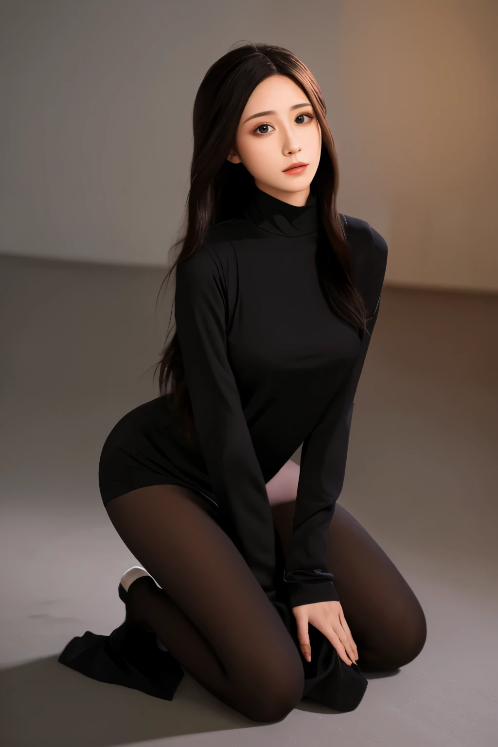 front view,kneeling,Best quality, (Photorealistic:1.2), Hyper-Resolution, Ultra-realistic 8K CG，1girl，long hair，delicate face,Black headwear, Black Dress, turtleneck, long sleeves, nun,,billiard,in the evening