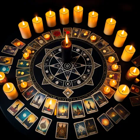 View of the candle at the top, ritual candles are burning in the center of a round black table, Tarot Cards are laid out around, Tarot Cards are laid out in a certain order, the process of fortune-telling on Tarot Cards, a mysterious dark atmosphere, an an...