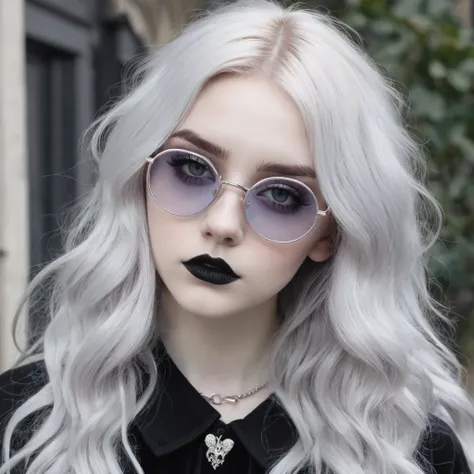 Chica rubia con pelo largo gris y gafas de sol posando para una foto., Goth pastel aesthetic, pale gothic beauty, gothic girl aesthetic, pale fur, Goth pastel, 1 7 year old gothic girl, chica de pelo plateado, ella parece una mezcla de grimes, su cabello e...