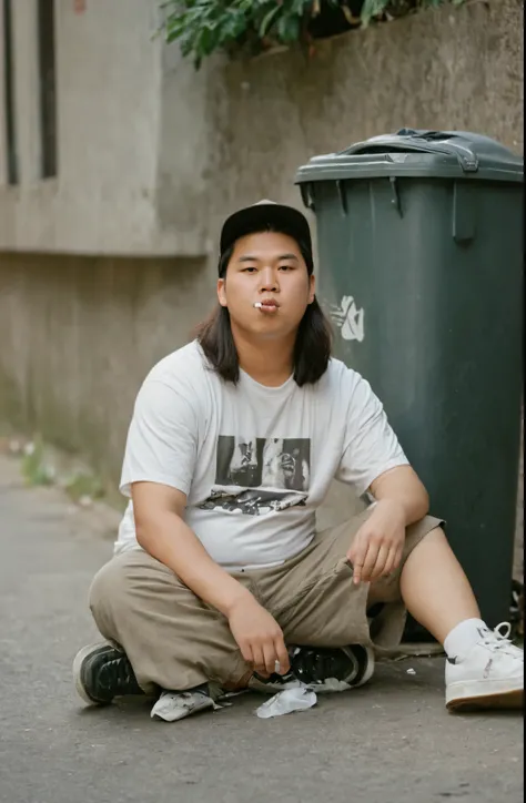 original photo, Dirty streets, A 23-year-old boy from Hong Kong，fat man, male focus, sitting next to the trash can, skate shoes,skateboard pants，Keep your skateboard nearby， Wear a baseball cap backwards,(((young people，Obscene looks，smoking，Arrogant expre...