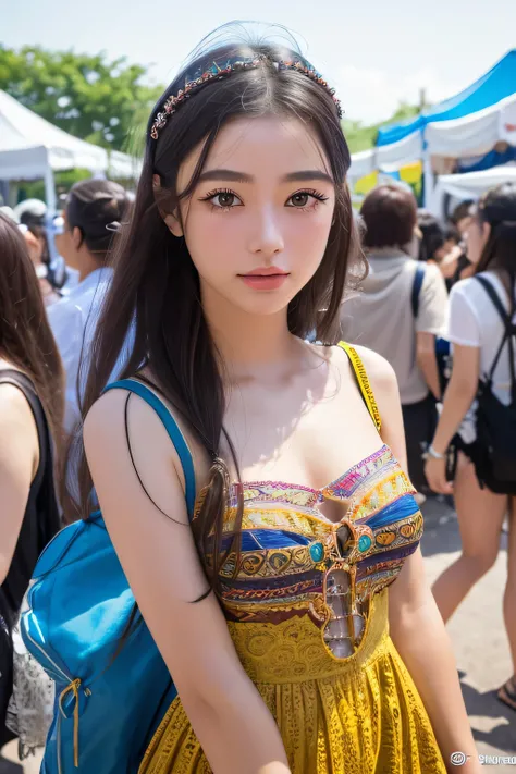 (8k, highest quality, ultra detailed:1.37), (Athena), 18yo, (a free-spirited Javanese girl), embraces the bohemian festival atmosphere. She wears a summer dress. The high-resolution image captures ultra-detailed realism, highlighting Athenas captivating ey...