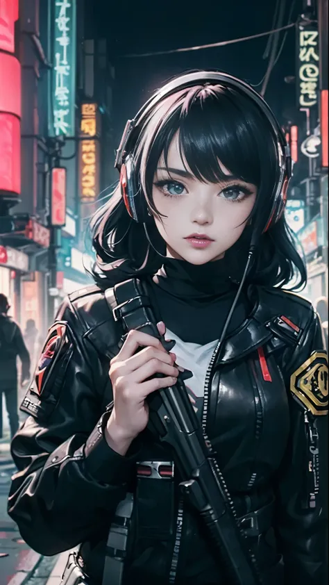 ((Best Quality)), ((Masterpiece)), perfect eyes:1.2, holding a machine gun, detailed eyes:1.4, ((freckles)), woman, hightech visor, high tech, hacker, irezumi, tattoo, techwear, headphones, messy hair, multicolored hair, green hair, black jacket, gradient ...