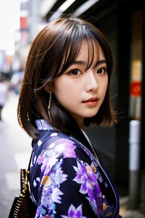 Beautiful Japanese supermodel woman, A lock of hair with slight highlights, black eyes, Sexy，street background，Gorgeous kimono , Liquid color flows across her face, Shooting against the light，Perfect facial lighting，mixed media