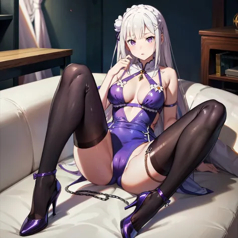 hyper HD，Highest high resolution。Transparent swimsuit，。lying on sofa。black lence stockings，Emilia re:zero, purple eyes, Emilia, crown braid, x hair ornament, flower hair ornament, white hair, long hair, medium breasts, exposing her chest，Pee，White color ha...