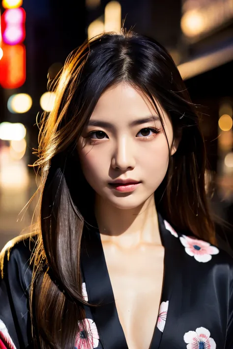 Beautiful Japanese supermodel woman, A lock of hair with slight highlights, black eyes, Sexy，street background，Gorgeous kimono , Liquid color flows across her face, Shooting against the light，Perfect facial lighting，mixed media