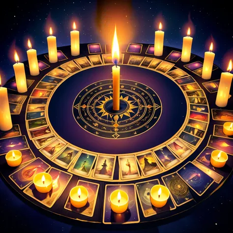 View of the candle at the top, ritual candles are burning in the center of a round black table, Tarot Cards are laid out around, Tarot Cards are laid out in a certain order, the process of fortune-telling on Tarot Cards, a mysterious dark atmosphere, an an...