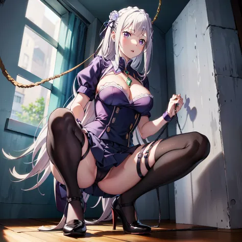 hyper HD，Highest high resolution。White-collar uniform，Squat。black lence stockings， high-heels，exposing her chest，White shirt，Skirt that wraps hips，Pee，Emilia re:zero, purple eyes, Emilia, crown braid, x hair ornament, flower hair ornament, white hair, long...