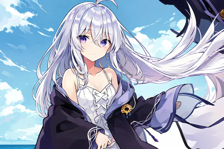 Illustration of an Anime character "Elaina", She is from the anime: "Wandering Witch: The Journey of Elaina", The background/theme is on the beach, and The character is wearing a bikini, Purple Eyes, and white Hair.