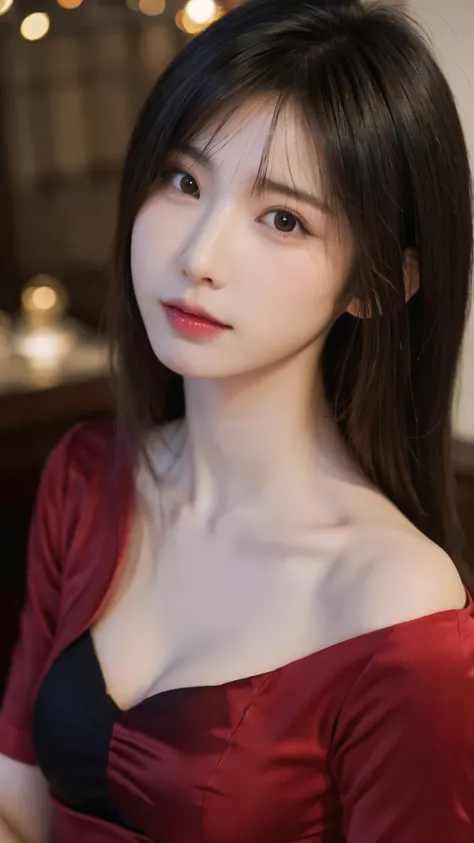 Close-up of a woman in a red dress posing for a photo, beautiful south korean woman, beautiful young korean woman, gorgeous young korean woman, korean girl, beautiful asian girl, Asian girl with long hair, glow red, 8k artistic german bokeh, Chinese girl, ...