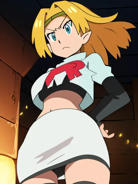 8k, masterpiece,highres,very large breast, team rocket uniform, red letter r, white skirt,white crop top,black thigh-high boots, black elbow gloves, glaring angrily, looking down at viewer, hands on hips, cowboy shot, zettai ryouiki,from below, black panti...