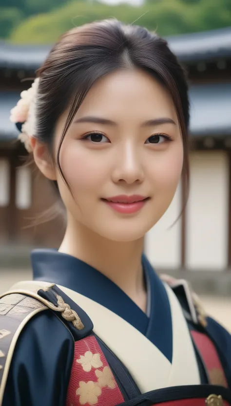 close-up of beautiful korean female, 34 inch breasts size, slightly smile , wearing samurai armor, in the Japanese castle, bokeh background, Polaroid photo, UHD