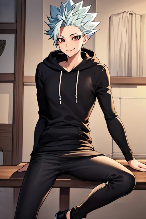 masterpiece, best quality, stand,smile,ultra-detailed, illustration, 1boy, solo, male focus,black hoodie,black trousers, looking...