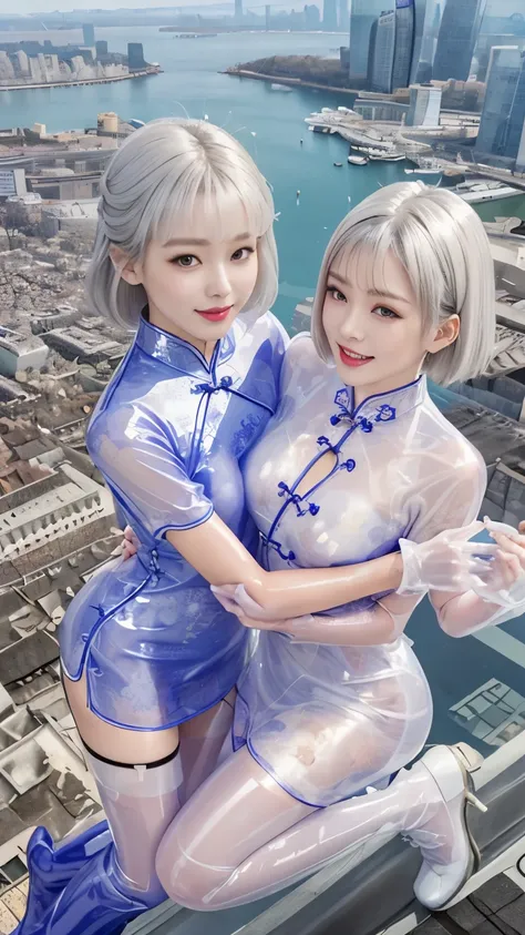 (masutepiece:1.0), (Best Quality:1.4), (A high resolution:1.2), (Photorealistic:1.4),(from above:1.5), (8K, Raw photo:1.2), (Soft Focus:1.4),BREAK,There is 2 girls wearing latex cheongsam printed fishnet pattern who is hugging each other and frying the sky...