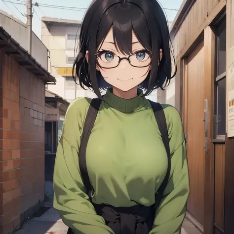 Anime woman flat chested. She is wearing a sage green sweater and dark grey jeans. She has short black messy hair and wears glasses. Her eyes are black and she’s smiling nervously. The background is the front office of a motel she owns, there is a bit of b...