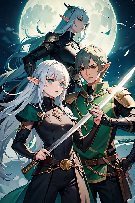 Dnd elf girl, dnd rogue, bright silver hair, emerald green eyes, armor is black, giant moon, small , wielding giant katana, swashbuckler, wearing pants, battle stance,