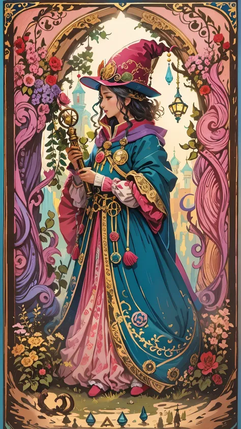 The Pied Piper Tarot, A Pied Piper in vibrant costume，Wearing a tall feathered hat and a flowing cloak。use blue、Painted in pink and gold tones。 The overall tone of the image is rich and vibrant，Vivid colors highlight the magical atmosphere。 This prompt com...