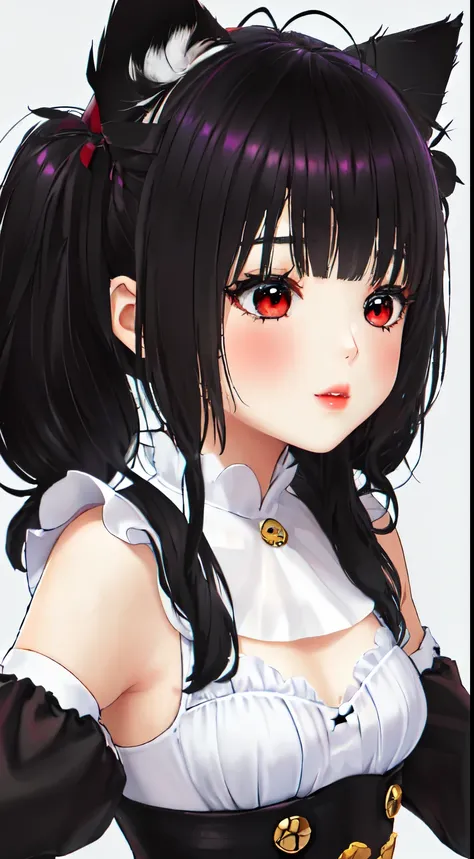 high resolution, sharp focus, obra maestra de pixiv, ((Detalles intrincados)), muy detallado, parte superior del cuerpo, 1 chica, rapid eye movement_re_cero,,((long hair slightly wavy slightly past the shoulders, black bangs, small black pigtails on the si...