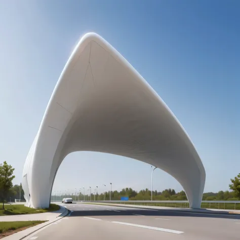 There is a huge white building on the roadside, Web portals. Zaha Hadid, Zaha Hadid style architecture, in style of Zaha Hadid architect, by Zha Shibiao, Zaha Hadid architecture, futuristic structure, spaceport, curvilinear building, Fluid architecture, fu...