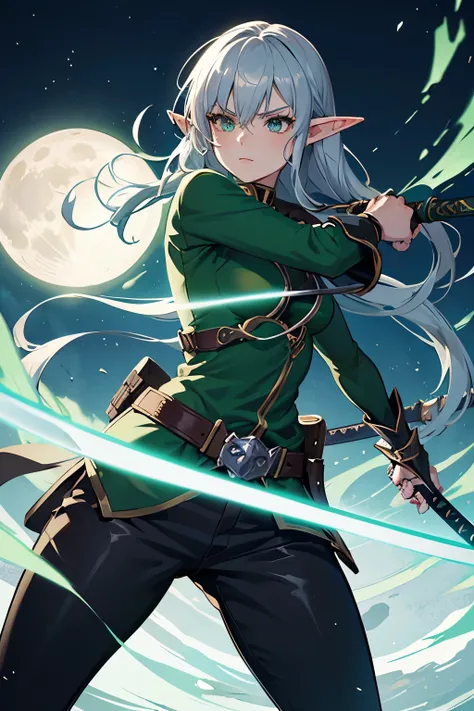 nd elf girl rogue wielding giant katana, bright silver hair, emerald green eyes, armor is black, giant moon, small, wearing pants, fighting, wearing armor,