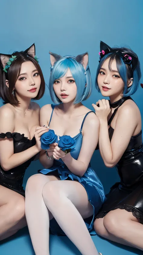 masterpiece, 4k, Bokeh, beautiful face, (multiple girls:1.4), Harem, (group photo:1.2), (Cat ear:1.3), (blue medium bob hair:1.4), (blue theme:1.6), looking at the viewer, (Blue roses:1.4), (blue cafe background:1.5), (Fullbody shot:1.4)