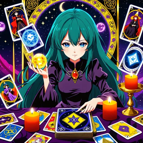 a frame from the anime about the witch and tarot cards, bright and colorful, modern anime, fortune telling on tarot cards, tarot...