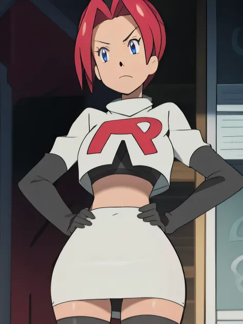 8k, masterpiece,highres,very large breast, team rocket uniform, red letter r, white skirt,white crop top,black thigh-high boots, black elbow gloves, glaring angrily, looking down at viewer, hands on hips, cowboy shot, zettai ryouiki,from below, black panti...