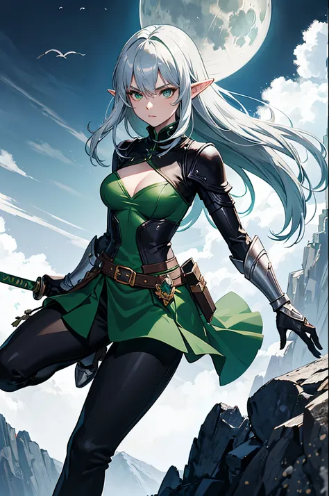 dnd elf girl rogue wielding giant katana, bright silver hair, emerald green eyes, armor is black, giant moon, small, wearing pan...