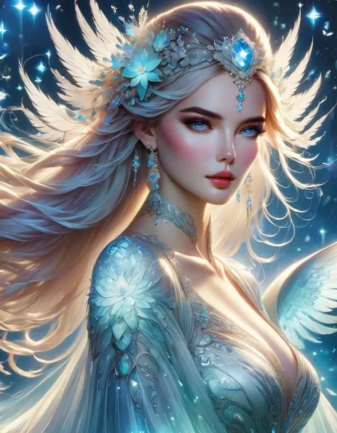 tarot card design,Created by Artgerm and kleggt, beautiful girl in the most beautiful diamond wedding dress in the world, medium shot, long tail style, studded with countless diamonds, sparkling, fair skin, big anime doe eyes, dynamic pose, smooth, perfect...