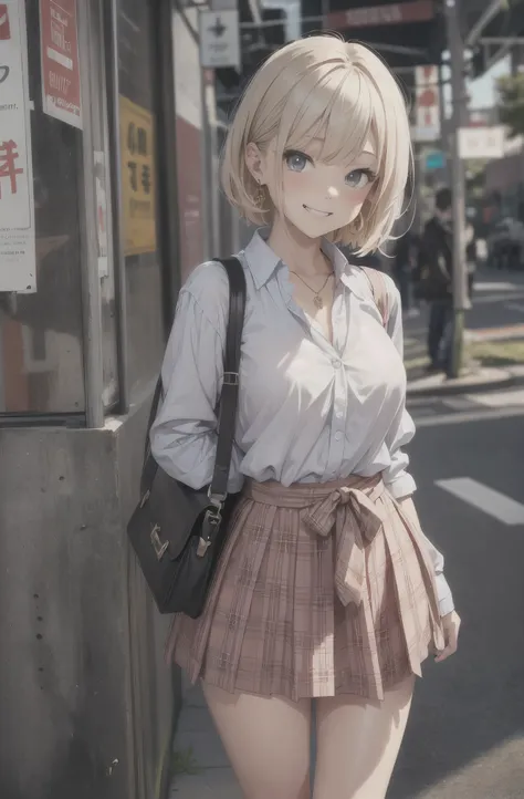 one girl,18 years old girl,gyaru,slender body,short blonde hair,grin,piece sign,earrings,necklace,high ,blouse,ribbon,skirt,loose socks,loafers