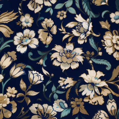 Close-up on blue background，There is a bouquet of flowers on it, inspired by William Morris, ornate flowery, flowery dream, flowery pattern, beatrice blue, Textile printing, Paisley, gorgeous flowers, gilded. flowery, Indigo blooming garden, Baroque fabric...