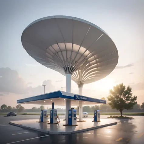 there is a gas station with a large canopy over it, gas station in space, “gas station photography, gas station, Still photos, Advertising photos, Inspired by Anna Forsley, gas, author：Marshall Arisman, highly rendered, Drew Tucker, presented in corona, Ph...