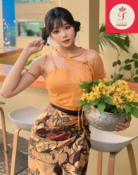 A woman holding a vase and wearing a Burmese turban. A perfect and attractive body, a Burmese thingyan dancer