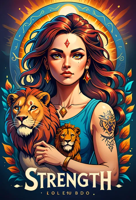 best quality,ultra-detailed,Tarot Card,Strength, ((Logo Text "STRENGTH"):1.25), beautifully illustrated,traditional artwork,tattoo design,rich colors,A strong woman holding a lion,exquisite details,fierce expression,ancient mythology,mystical atmosphere,sy...