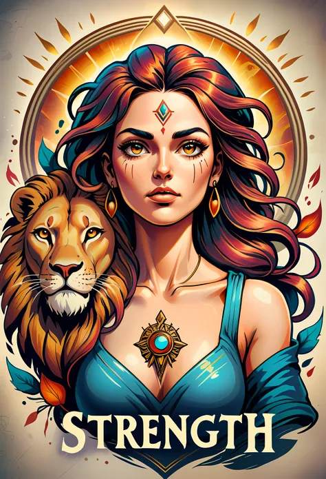 best quality,ultra-detailed,Tarot Card,Strength, ((Logo Text "STRENGTH"):1.25), beautifully illustrated,traditional artwork,tattoo design,rich colors,A strong woman holding a lion,exquisite details,fierce expression,ancient mythology,mystical atmosphere,sy...