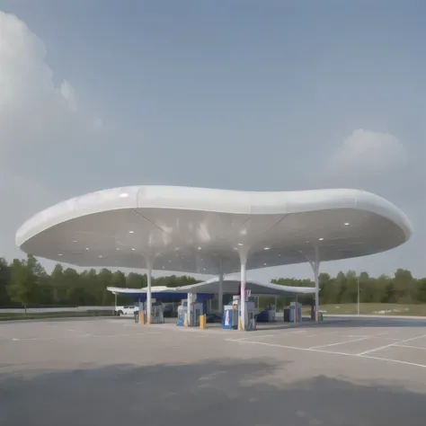 there is a large white canopy over a gas station, gas station, gas station in space, overhead canopy, gas, canopies, “gas station photography, front perspective, Clear and smooth lines, 2022 wide angle exterior, The photo shows a large, Zaha Hadid architec...